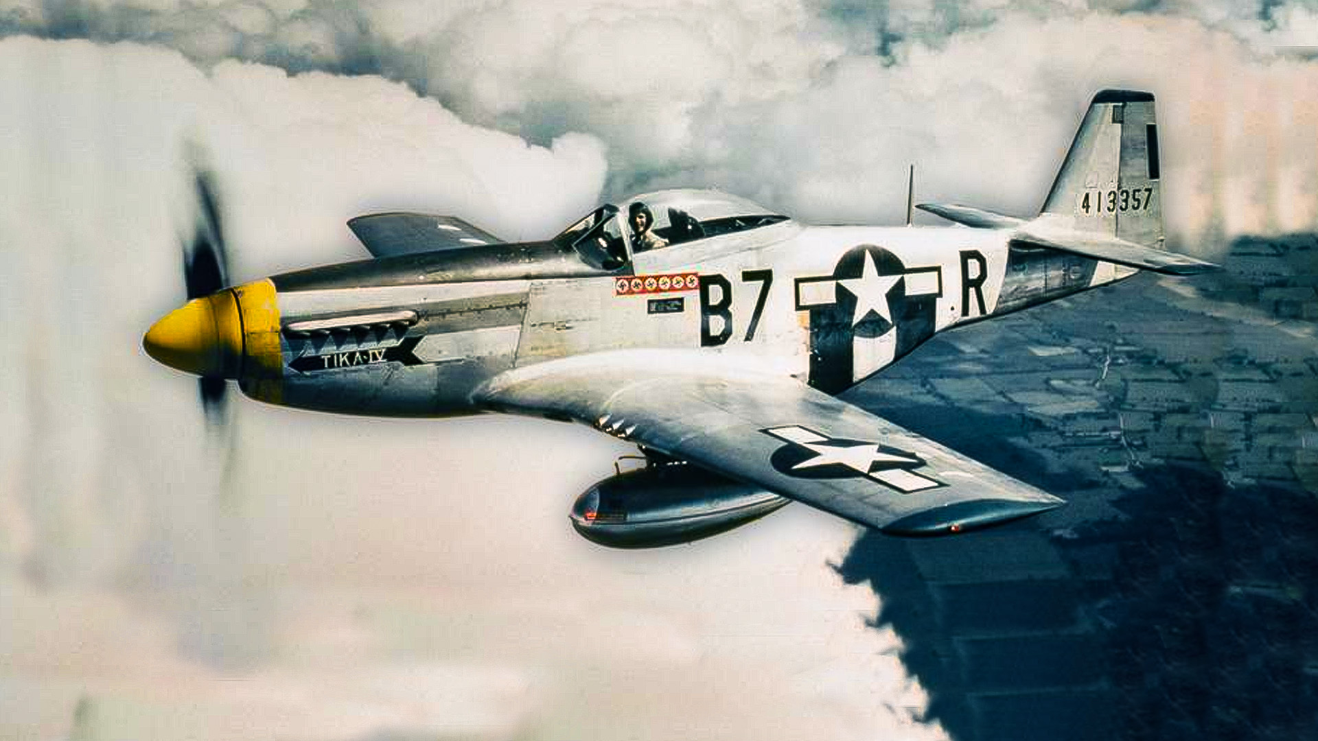 Lieutenant Vernon R Richards of the 361st Fighter Group fliying his P-51 Mustang (B7-R, serial number 44-13357) nicknamed "Tika IV".