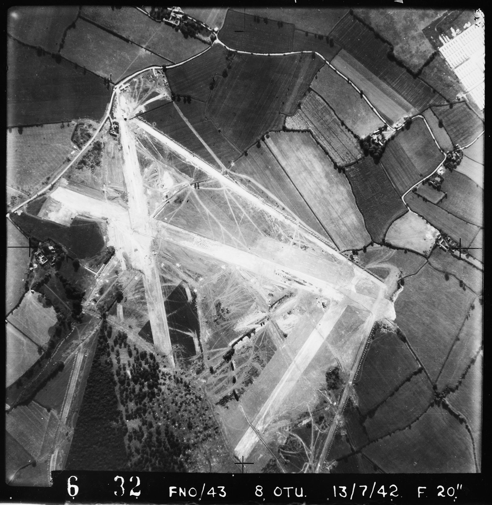 Aerial photograph of Wethersfield airfield looking east, the runways and perimeter are under construction 13 July 1942. Photograph taken by No. 8 Operational Training Unit, sortie number RAF/FNO/43. English Heritage (RAF Photography).