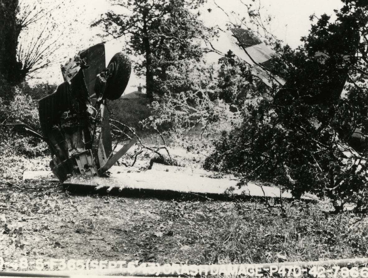 The fire-extinguisher coated remains of a 62nd Fighter Squadron, 56th Fighter Group P-47D Thunderbolt (serial number 42-7866) that crashed on the 5th of September 1944 due to a sudden fault with the propeller controls. A wing was severed in