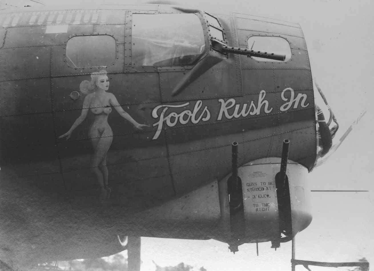 The nose art of a B-17G Flying Fortress (serial number 42-31066) nicknamed "Fools Rush In" of the 100th Bomb Group.