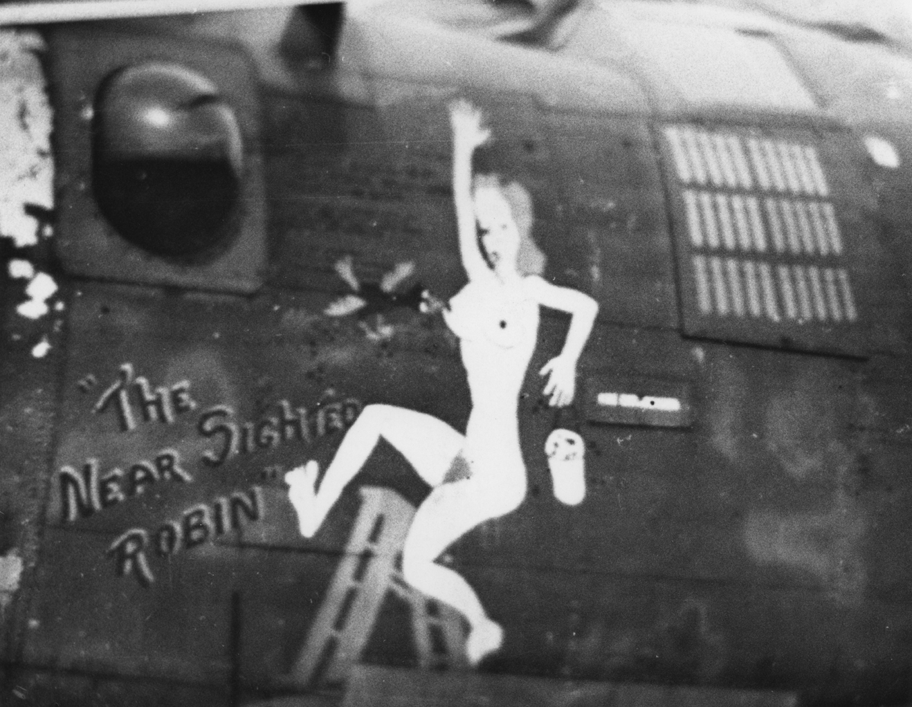 Nose art of a B-24 Liberator (serial number 41-28851) nicknamed "The Near Sighted Robin" of the 34th Bomb Group.