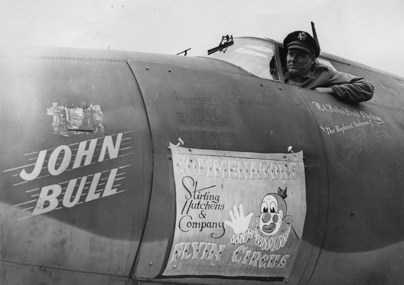 Lieutenant "John Bull" Sterling of the 322nd Bomb Group in the cockpit of his B-26 Marauder nicknamed "John Bull" Image stamped on reverse: 'Associated Press.' [stamp], 'Not to be published 24 Jul 1943.' [stamp] and '276112.'[Censor no. ] Printed caption on reverse: 'Passed by the Censor- no 2761. Marauder is now operating from this country. Fastest Medium Bomber in use is now operating from this country. It has just been disclosed that the American Medium Bomber, the B-26 Marauder, which already has done