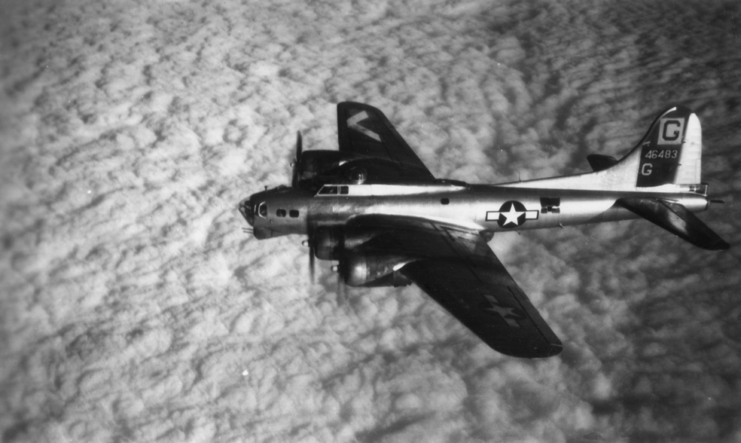 A B-17 Flying Fortess (serial number 44-6483) nicknamed "Ruby's Raiders" of the 385th Bomb Group.