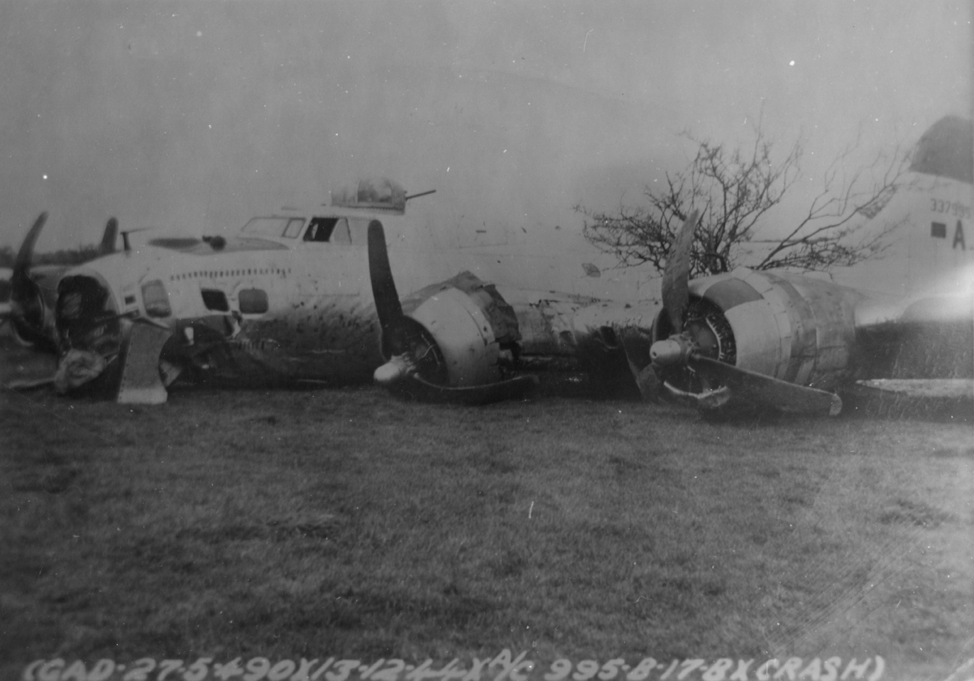 A crashed B-17 Flying Fortress (serial number 43-37995) of the 490th Bomb Group. Official caption printed on image: '(GAD-37-5-490)(13-12-44)(A/C 995- B-17-B)(Crash).'