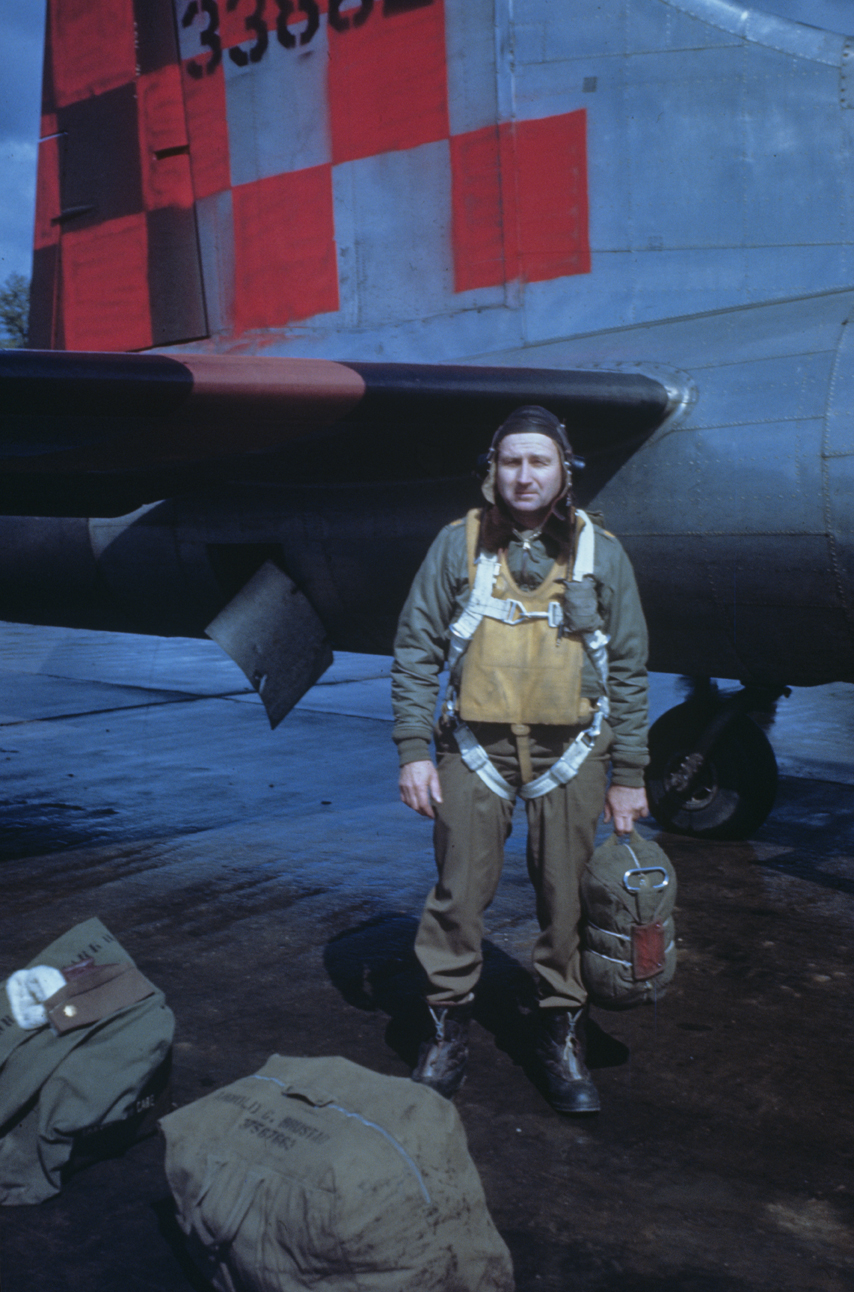 An airman of the 385th Bomb Group with a B-17 Flying Fortress (serial number 43-38625) nicknamed "Ole Doodle Bug!". Image via Mark Brown, AFA. Handwritten on slide casing: '338625.'