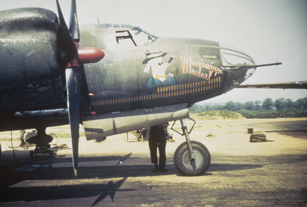 The nose art of a B-26 Marauder (serial number 41-31657) nicknamed "Mississippi Mudcat" of the 387th Bomb Group, at Chipping Ongar, 1944. Image via George Vasaumper.