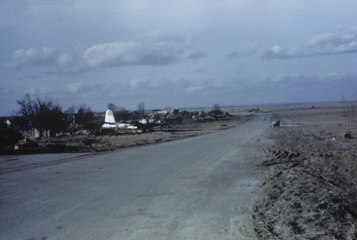 B-26 Marauders of the 391st Bomb Group alongside the runway at Roya (Amy) in France. Image via Alvaro Sousa. Written on slide casing: '"Crapeaumesnil" 9th Air Force, 391 Bmb Grp, 575 Bmb Sqdn, 1st Base in France.'