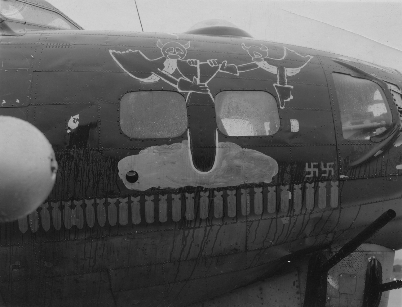 The nose art of a B-17G Flying Fortress of the 100th Bomb Group.