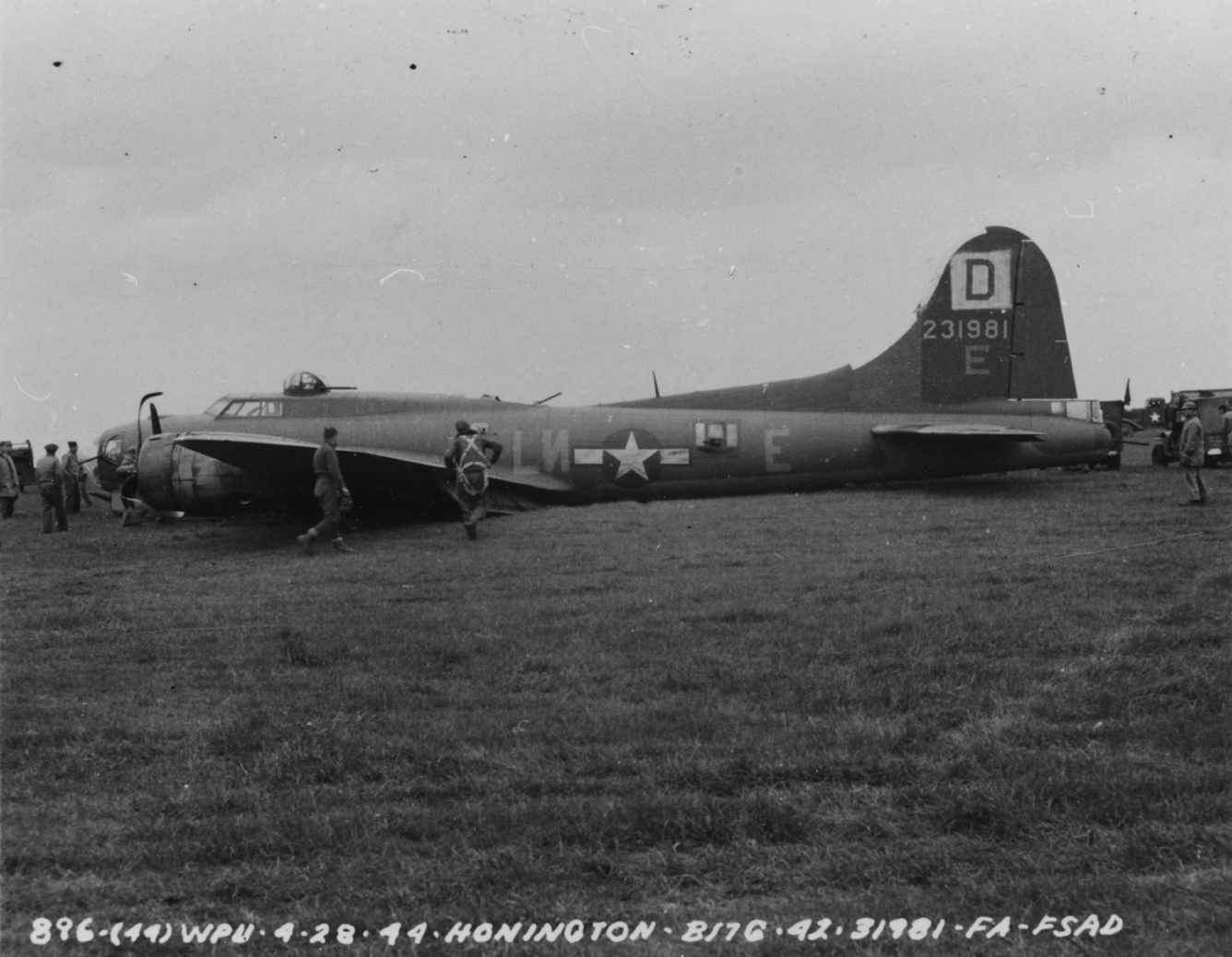 A B-17G Flying Fortress (LN-E, serial number 42-31981) of the 350th Bomb Squadron, 100th Bomb Group that has crash-landed at Honington. Official caption on image: "896 (44). WPU - 4.28.44. Honington. B-17G - 42-31981. FA-FSAD."