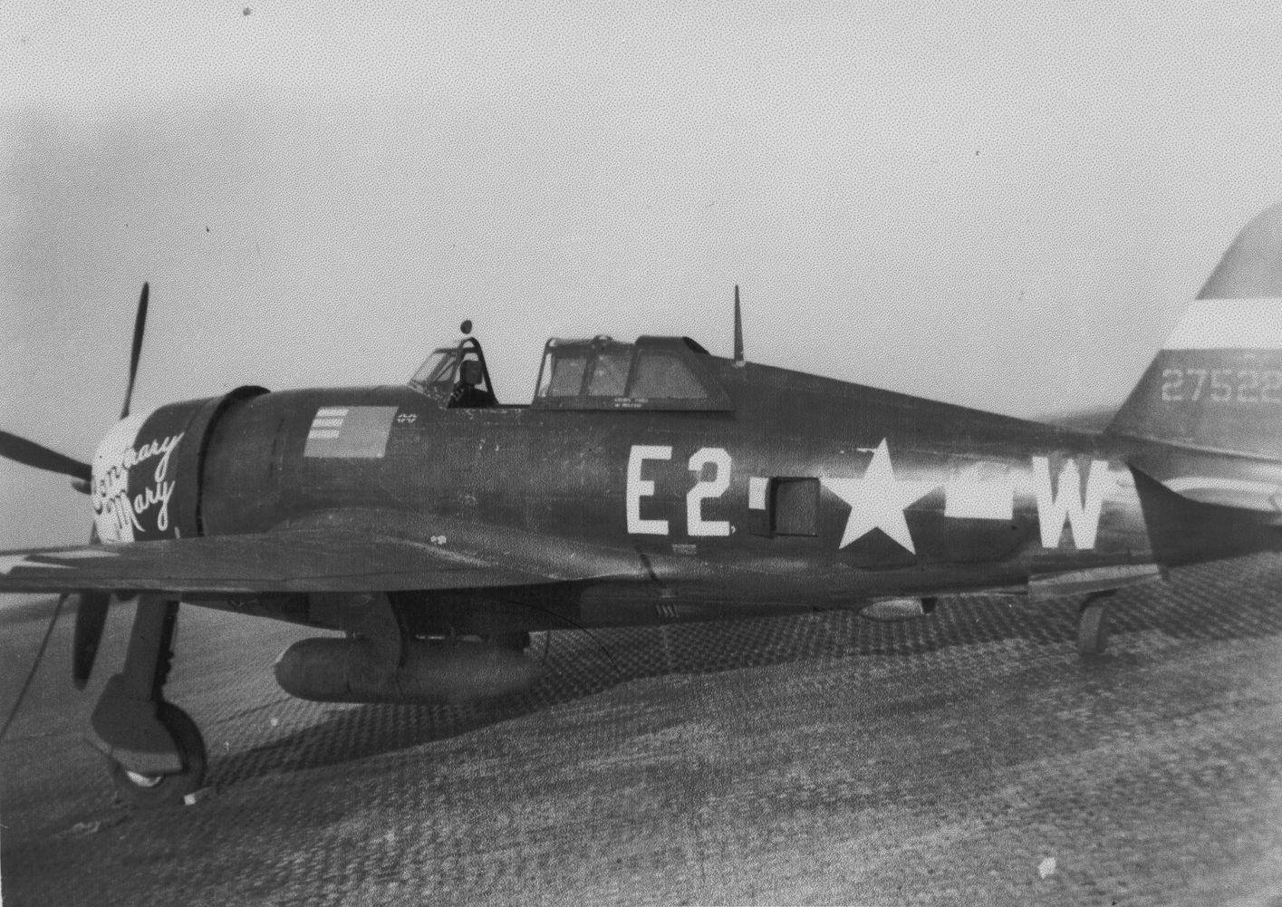 A P-47 Thunderbolt (E2-W, serial number 42-75221) nicknamed "Contrary Mary" of the 375th Fighter Squadron, 361st Fighter Group.