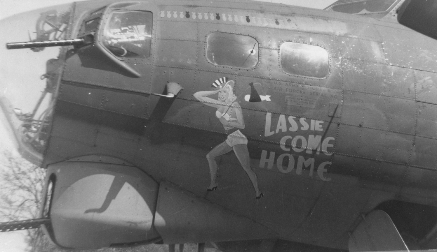 The nose art of a B-17G Flying Fortress (serial number 42-31673) nicknamed "Lassie Come Home" of the 91st Bomb Group Passed for publication 10 Jan 1943. On reverse: Not For Publication, Personal Use Only, US Army Examiner [Stamp].