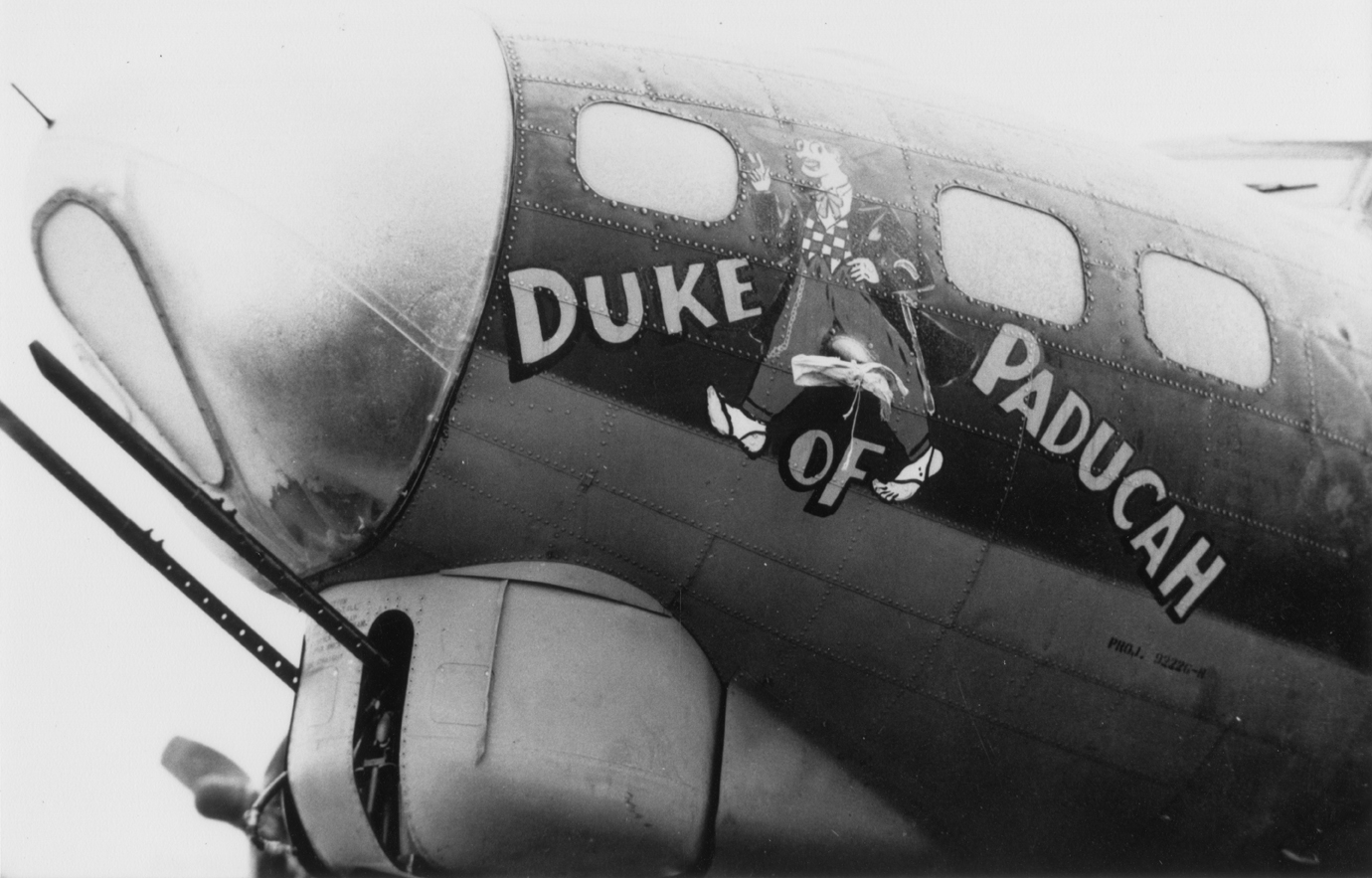 The nose art of a B-17 Flying Fortress nicknamed "Duke of Paducah" of the 91st Bomb Group.