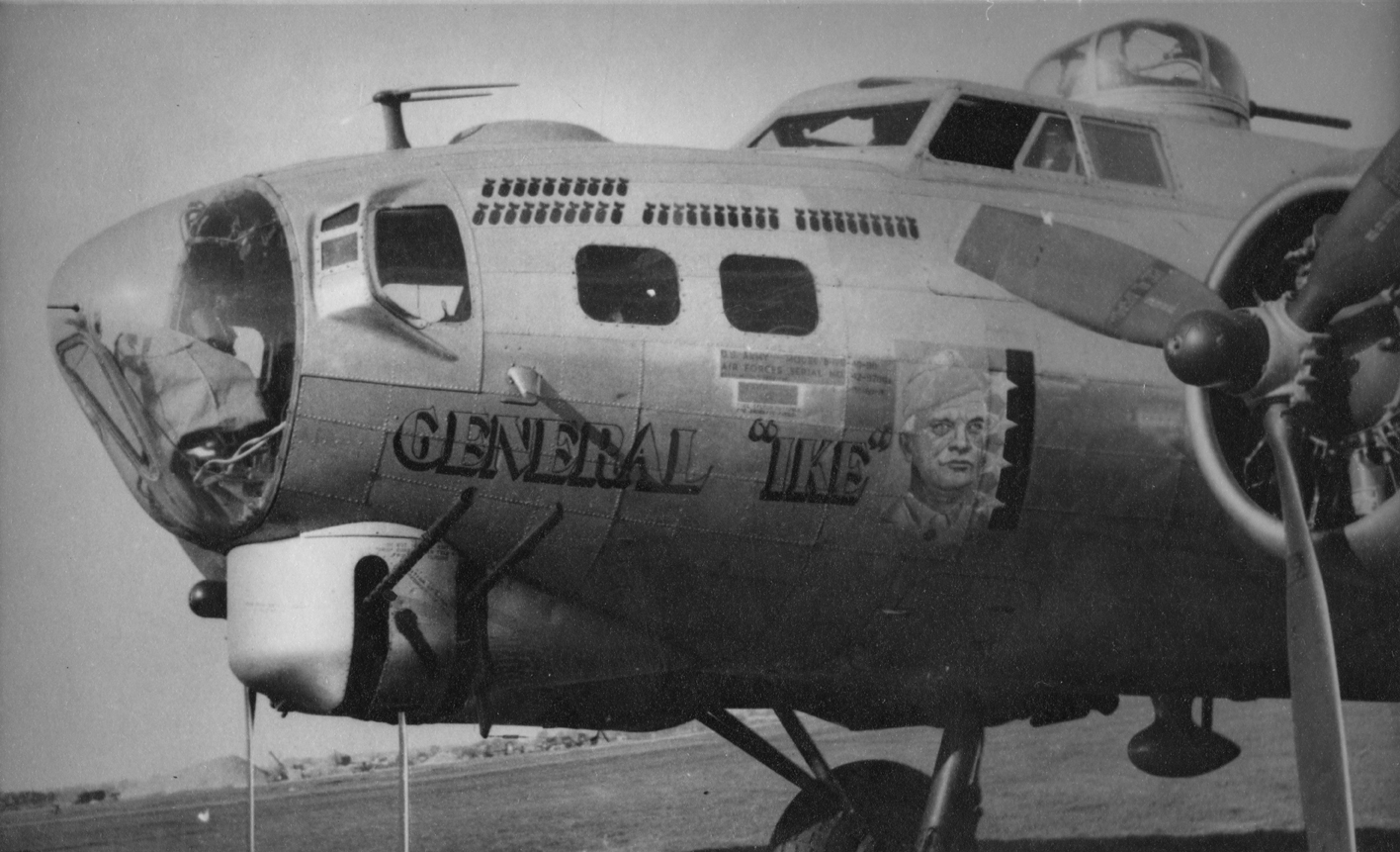 The nose art of a B-17 Flying Fortress nicknamed "General Ike" of the 91st Bomb Group. On reverse: 'Not For Publication, For Personal Use Only, Passed by US Army Examiner 10143' [Stamp].