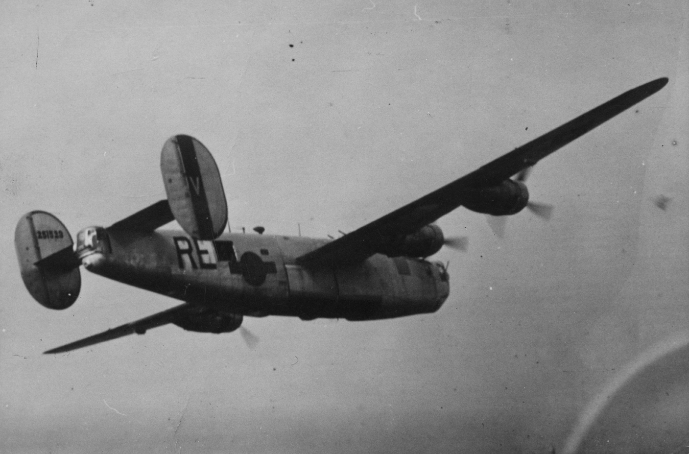 A B-24J Liberator (RE-V, serial number 42-51523) of the 329th Bomb Squadron, 93rd Bomb Group in flight. Handwritten message on reverse: ‘Stockholm, 11/11/69 – “Dear Roger, It was quite a time since I last heard from you, but perhaps you are busy with other things. I got a letter today from 487B.G. and they told me that B-24J ser.no. 42-100306 was not 487B.G. You told me so in your letter 16/12 1968. I have found out through photos that the plane belonged to 446B.G. Am I wrong? The photo on this card