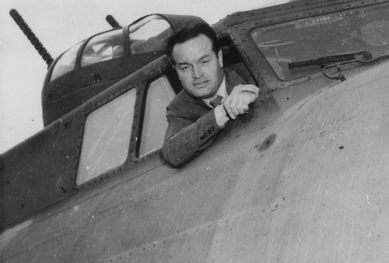 Comedian Bob Hope in the cockpit of a B-17 Flying Fortress, during a visit to the 94th Bomb Group.