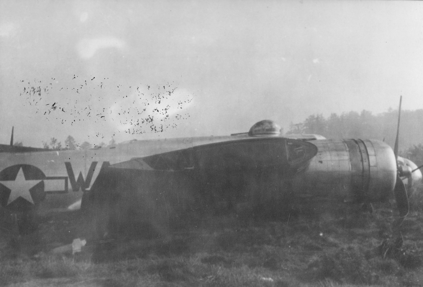 A B-17 Flying Fortress of the 337th Bomb Squadron, 96th Bomb Group that has crash landed.