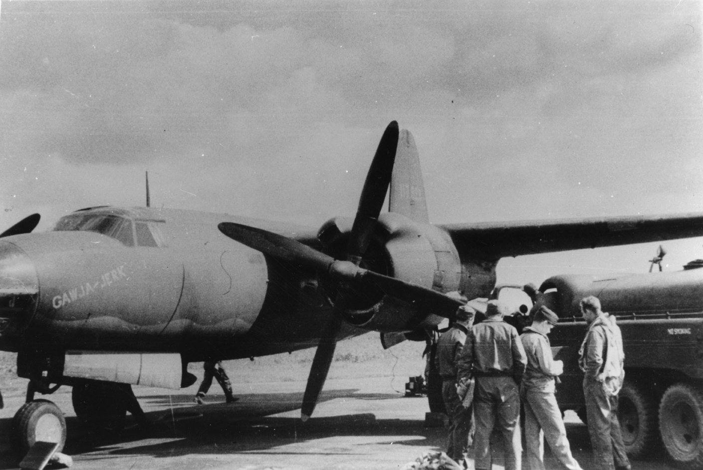 Ground crew of the 322nd Bomb Group refuel a B-26 Marauder (ER-D, serial number 41-17929) nicknamed "GAWJA-JERK".