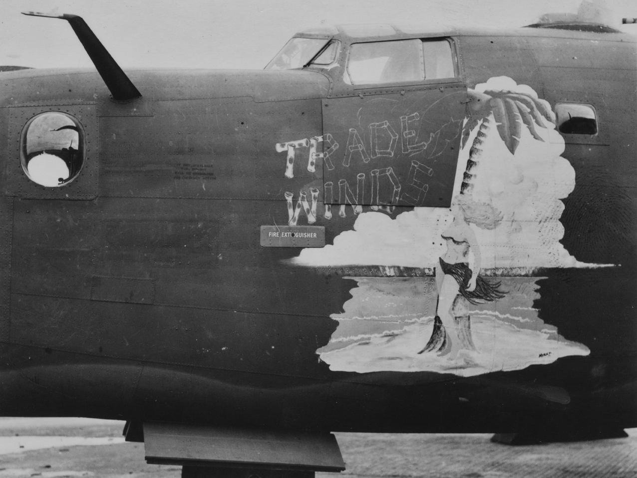 The nose art of a 487th Bomb Group B-24 Liberator nicknamed "Trade Winds". Handwritten caption on reverse: '487BG.'