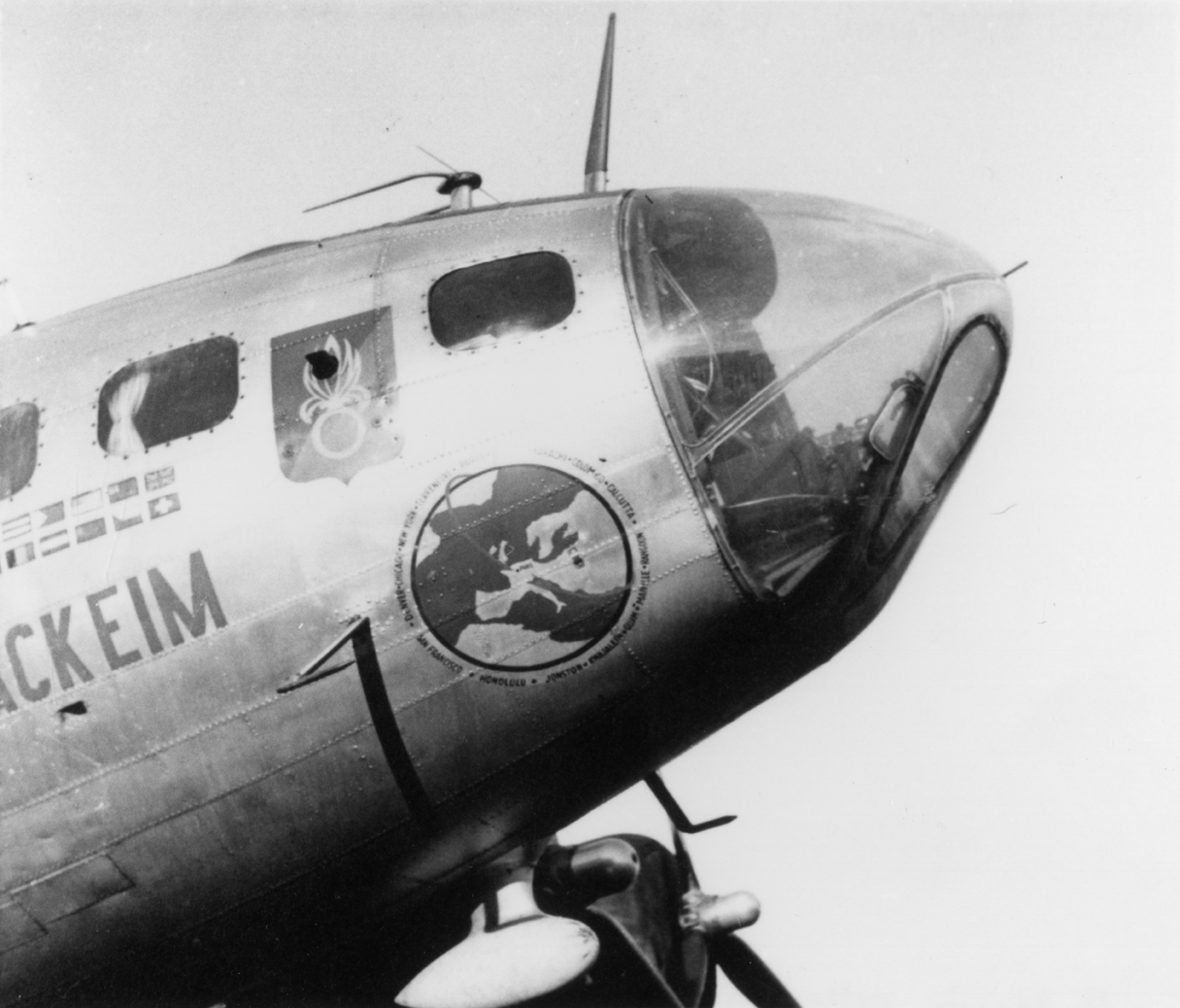 The nose art of a B-17 Flying Fortress (serial number 42-30177-F) nicknamed "Bir Hakeim (Charlene)" formerly of the 388th Bomb Group, used as an executive transport aircraft for the French High Commissioner at Wahn, Germany. Image via H Perrin. Handwritten caption on reverse: 'Bir-Hackeim befre to Wahn accident.'