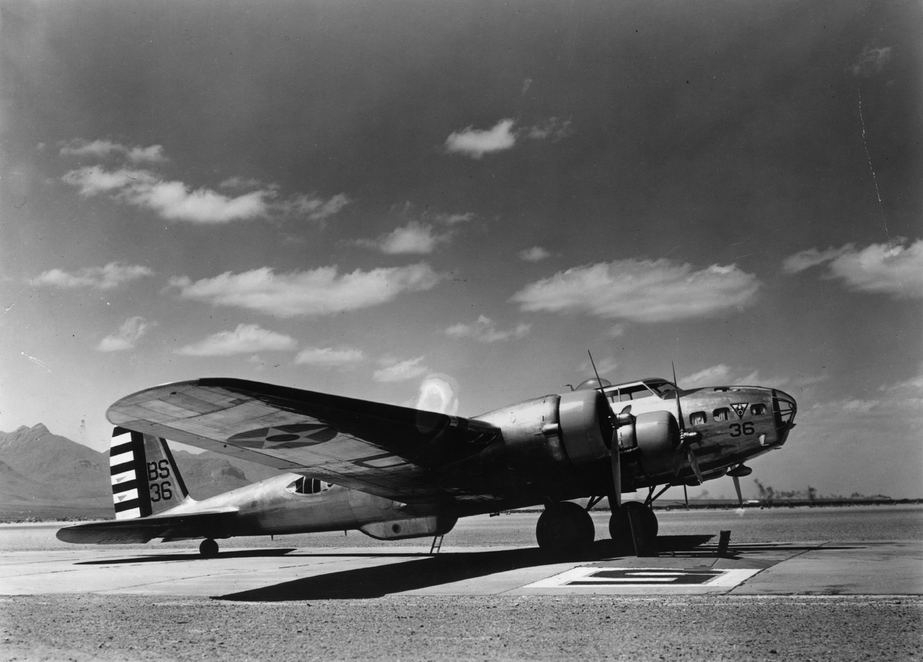 An early B-17B Flying Fortress in pre-war markings. Printed caption on reverse: '29116 AC- Boeing B-17B Bombardment Airplane. US Air Force Photo 1361st Photographic Squadron, Aerospace Audio-Visual Service (MAC).' Handwritten caption on reverse: 'Pre-War early B-17.'