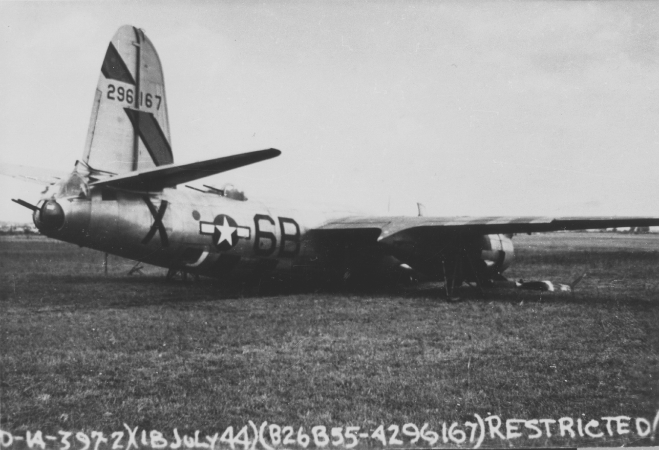 A B-26 Marauder (6B-X, serial number 42-96167) of the 599th Bomb Squadron, 397th Bomb Group after crash-landing on the 18th of July 1944. Official caption on image: "(GAD-14-397-2) (18 July 44) (B-26B-55 - 4296167) Restricted." Handwritten caption on reverse: '397BG, 599BS.'