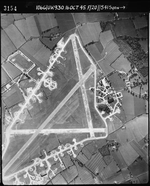 Aerial photograph of Bungay (Flixton) airfield, looking south, the technical site- with T2 hangar- and control tower are to the right, where the main airfield gate is also situated, 16 October 1945. Photograph taken by No. 541 Squadron, sortie number RAF/106G/UK/930. English Heritage (RAF Photography).